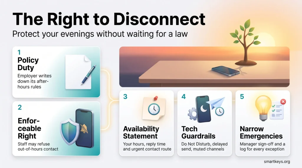 Infographic on the right to disconnect: policy duty versus enforceable right, plus availability statements, tech guardrails and narrow emergency rules.