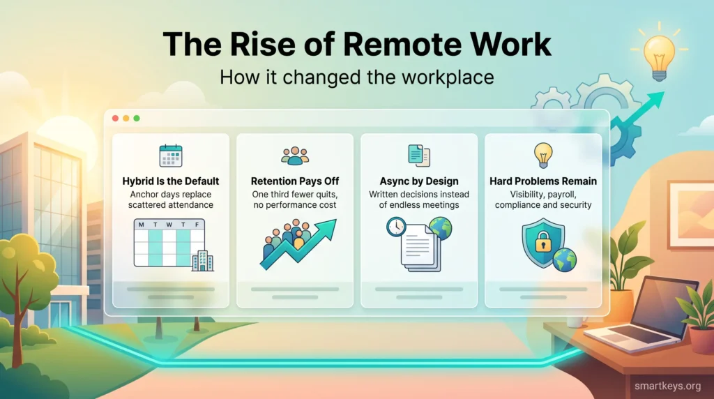 Infographic on the rise of remote work: hybrid as the default, stronger retention, asynchronous teamwork and remaining legal and security challenges.