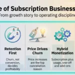 The Rise of Subscription-Based Business Models in 2026 Infographic on subscription business models: three core types, retention first, price-driven churn, hybrid monetization and easy cancellation.