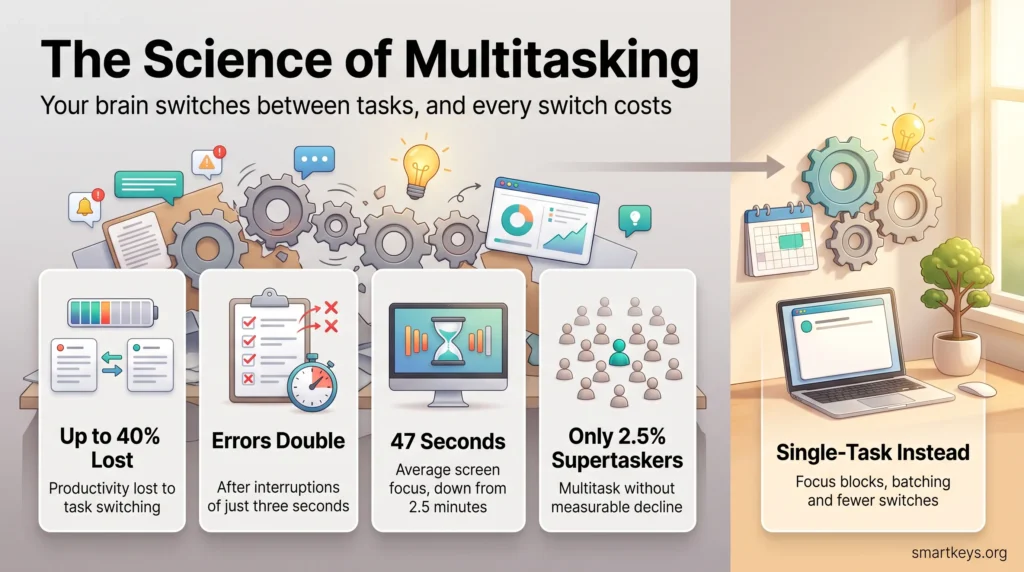 Infographic on multitasking and productivity: task switching costs up to 40% of output, doubles errors and shortens focus, with single-tasking as the fix.