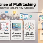 Infographic on multitasking and productivity: task switching costs up to 40% of output, doubles errors and shortens focus, with single-tasking as the fix.