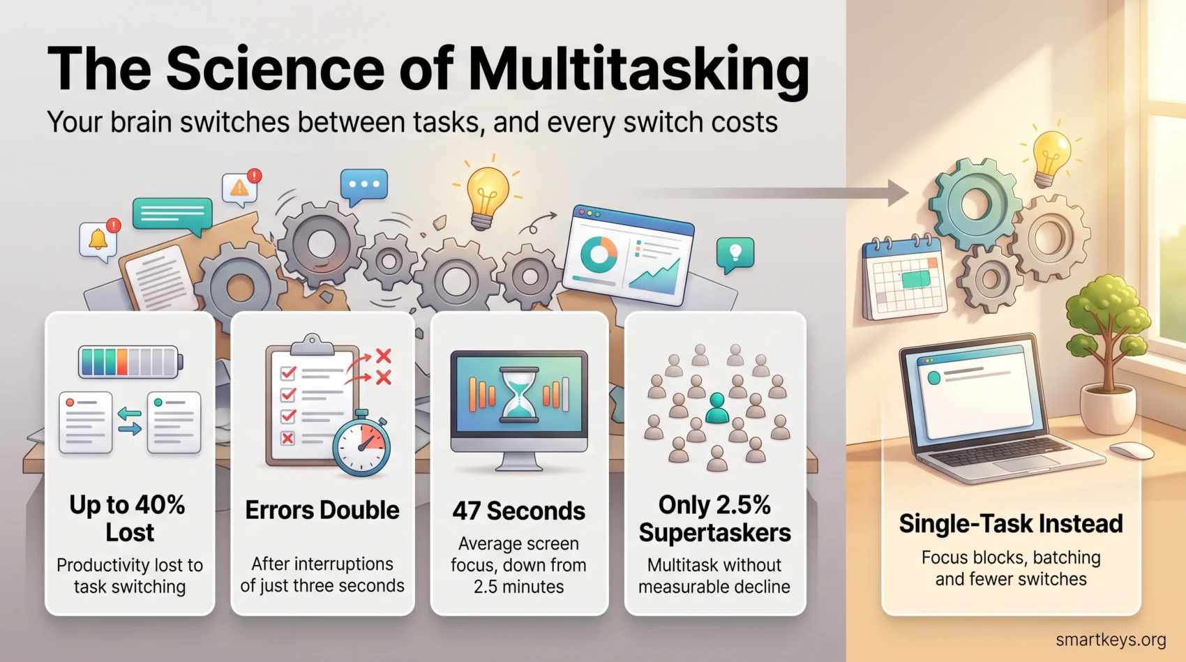 Infographic on multitasking and productivity: task switching costs up to 40% of output, doubles errors and shortens focus, with single-tasking as the fix.