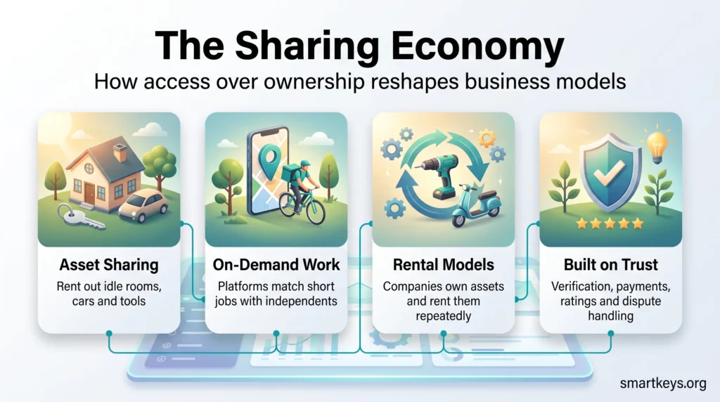Sharing economy infographic showing asset sharing, on-demand work and rental models connected by a digital platform built on trust.
