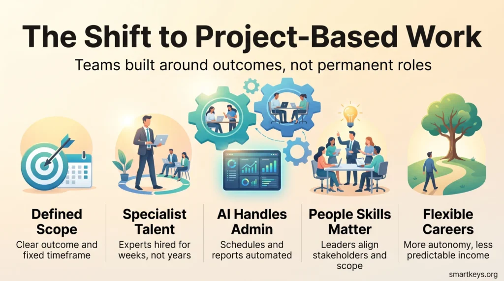 Infographic on the shift to project-based work: defined scope, specialist talent, AI handling admin, people skills and flexible careers.