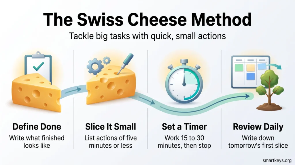 Infographic on the Swiss Cheese Method in four steps: define done, slice tasks into five-minute actions, set a 15 to 30 minute timer, review daily.