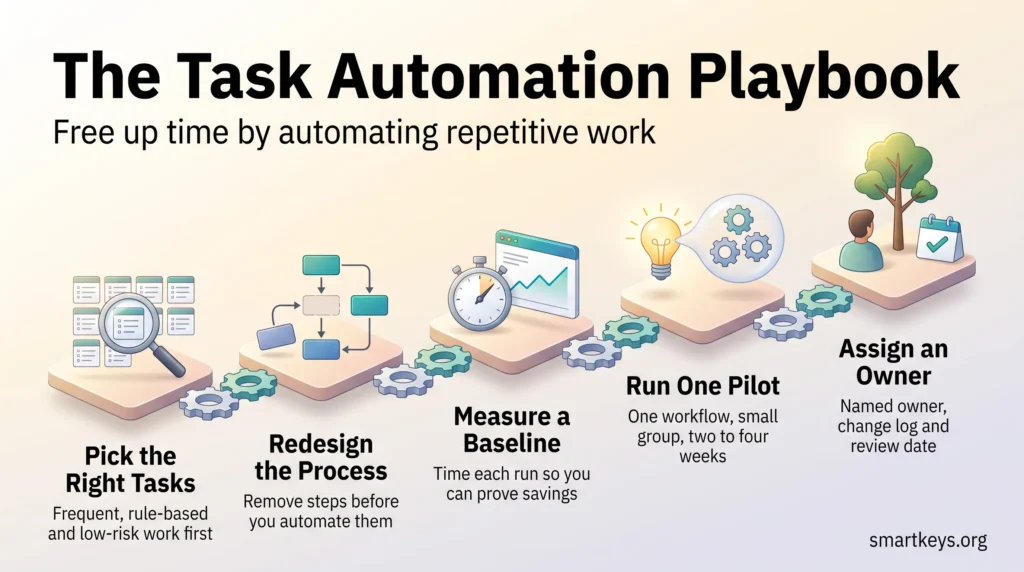 Task automation infographic showing five steps: pick the right tasks, redesign the process, measure a baseline, run one pilot and assign an owner.