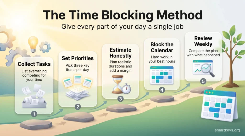 Infographic of the time blocking method in five steps: collect tasks, set priorities, estimate honestly, block the calendar and review weekly.