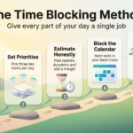 Infographic of the time blocking method in five steps: collect tasks, set priorities, estimate honestly, block the calendar and review weekly.