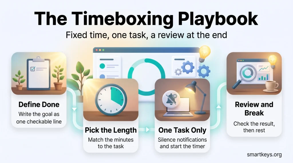 Timeboxing infographic with four steps around a dashboard timer: define done, pick the length, one task only, and review and break.