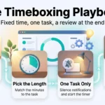 The Timeboxing Playbook: Structuring Your Day for Maximum Efficiency Timeboxing infographic with four steps around a dashboard timer: define done, pick the length, one task only, and review and break.