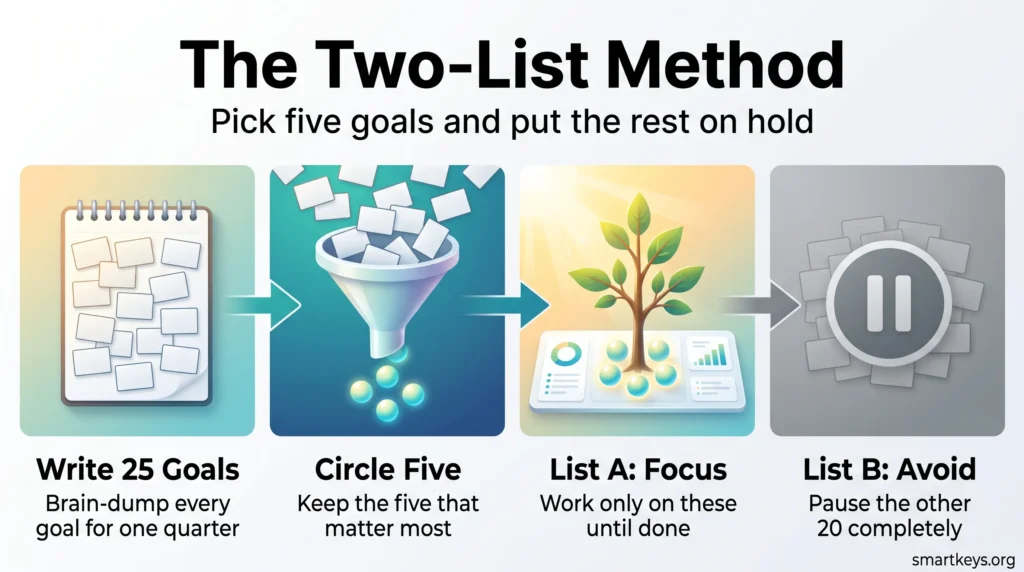 Infographic of the two-list method: write 25 goals, circle five for a List A focus, and pause the other 20 on a List B avoid list.