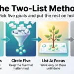 Infographic of the two-list method: write 25 goals, circle five for a List A focus, and pause the other 20 on a List B avoid list.