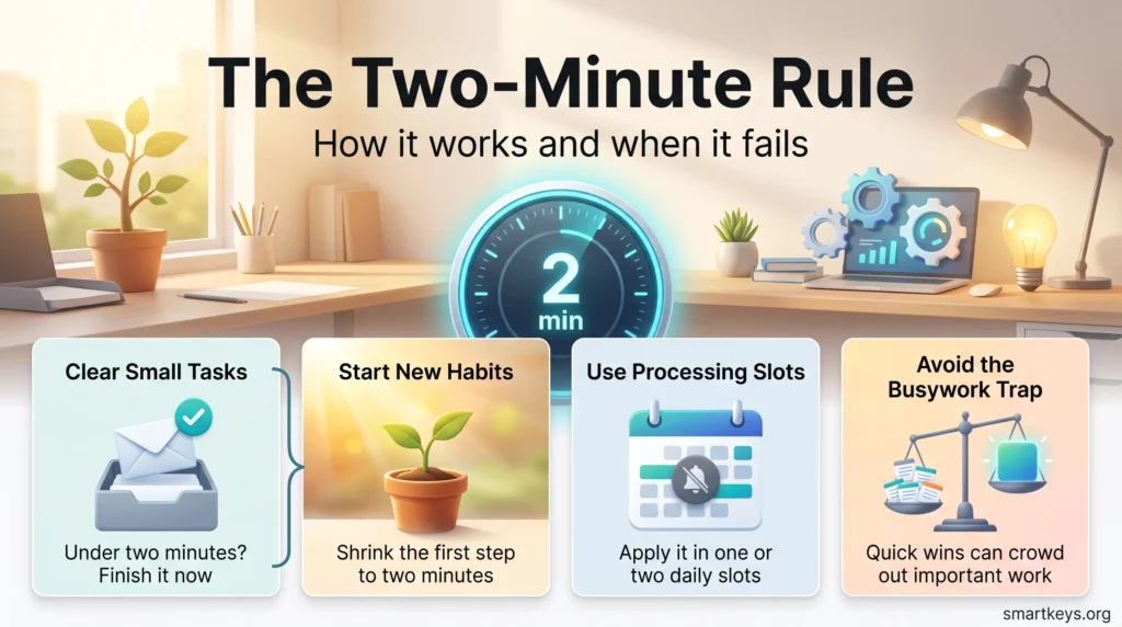 Infographic on the Two-Minute Rule: clear small tasks now, start habits with a tiny first step, use processing slots and avoid the busywork trap.
