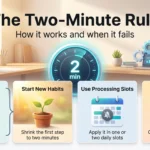 Infographic on the Two-Minute Rule: clear small tasks now, start habits with a tiny first step, use processing slots and avoid the busywork trap.