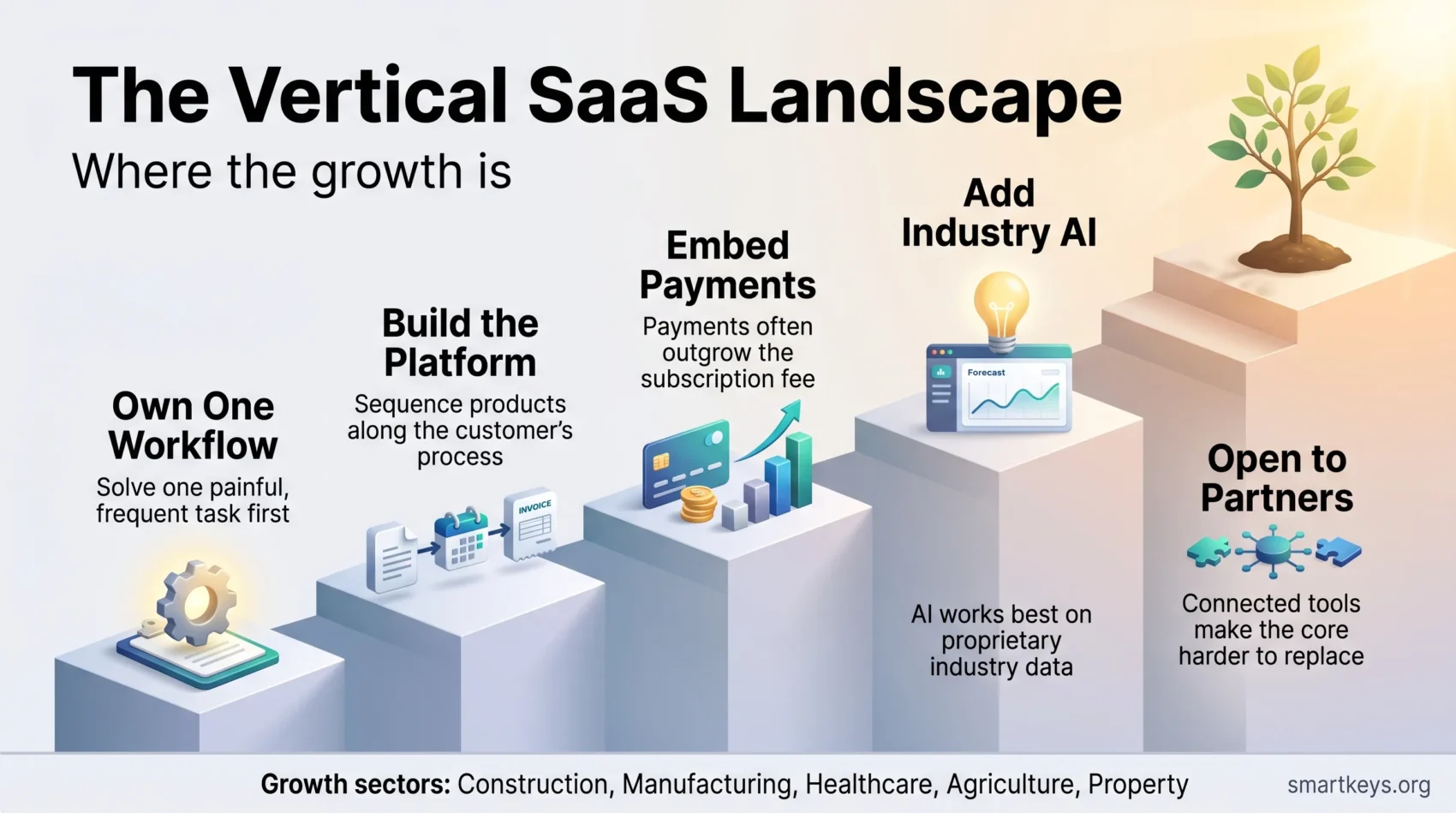 Infographic of the vertical SaaS growth playbook: own one workflow, build a platform, embed payments, add industry AI and open to partners.