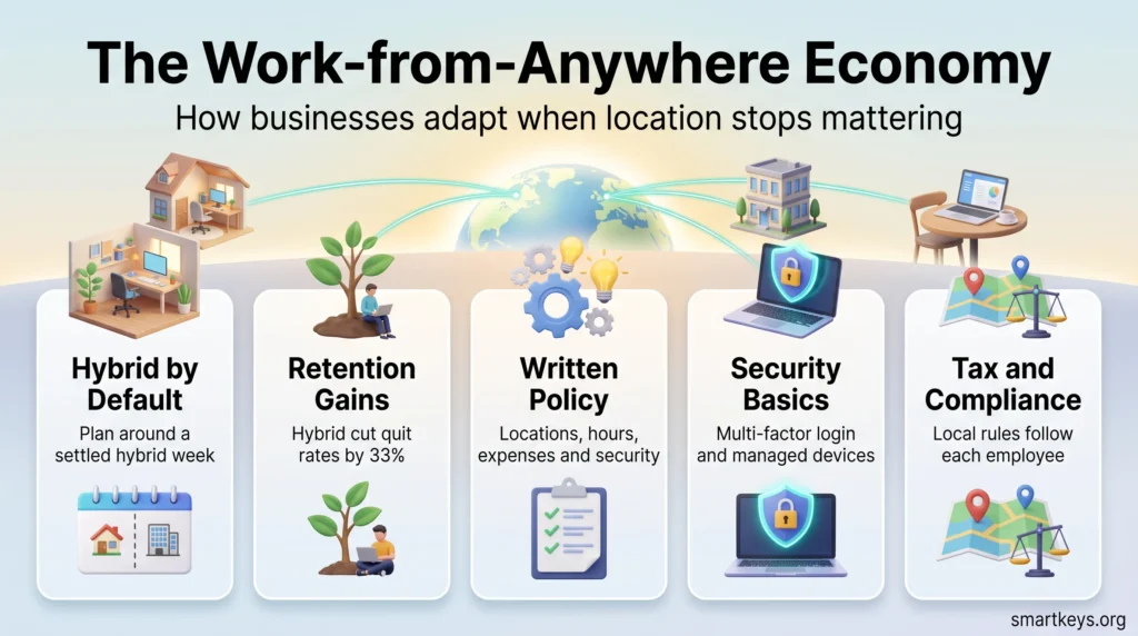 Infographic on the work-from-anywhere economy showing five employer priorities: hybrid by default, retention gains, written policy, security basics and tax compliance.