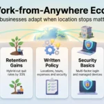 How Businesses Can Adapt to the ‘Work-from-Anywhere’ Economy Infographic on the work-from-anywhere economy showing five employer priorities: hybrid by default, retention gains, written policy, security basics and tax compliance.