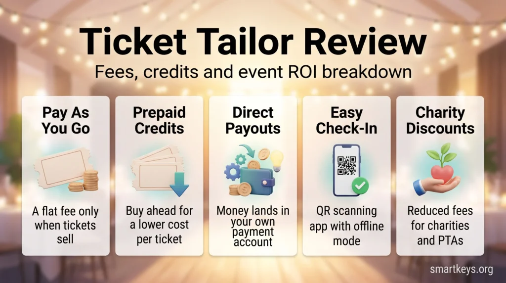 Ticket Tailor review infographic with five cards on pay as you go fees, prepaid credits, direct payouts, QR check-in and charity discounts.