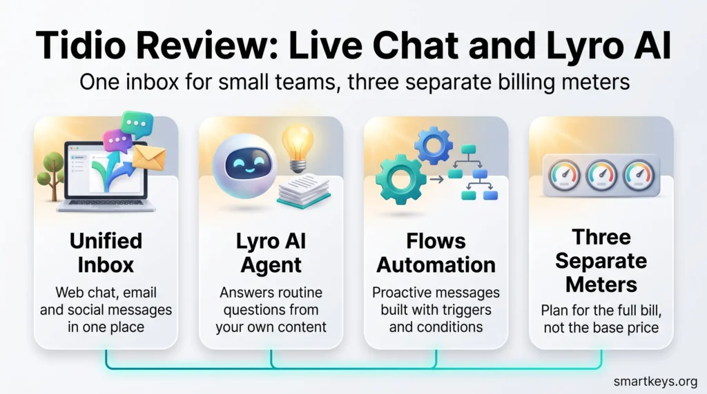 Tidio review infographic showing the unified inbox, Lyro AI agent, Flows automation and the three separate billing meters.