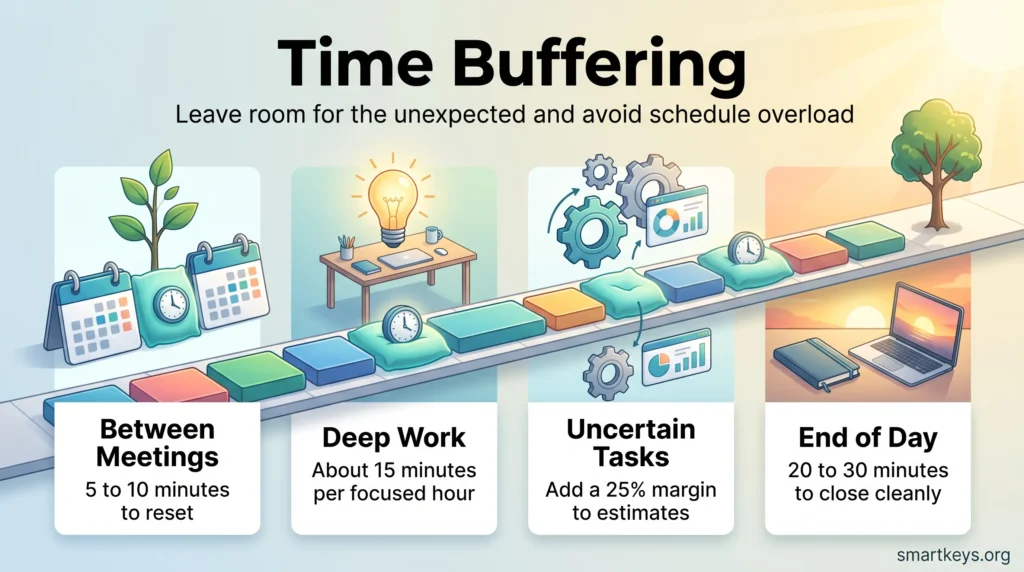Time buffering infographic showing four buffer rules along a calendar timeline: gaps between meetings, deep work, uncertain tasks and end of day.