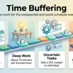 Time Buffering: Leave Room for the Unexpected and Avoid Schedule Overload Time buffering infographic showing four buffer rules along a calendar timeline: gaps between meetings, deep work, uncertain tasks and end of day.