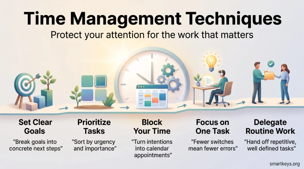 Time management techniques infographic showing five steps along a path: set clear goals, prioritize tasks, block your time, focus on one task and delegate routine work.