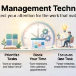 Time management techniques infographic showing five steps along a path: set clear goals, prioritize tasks, block your time, focus on one task and delegate routine work.