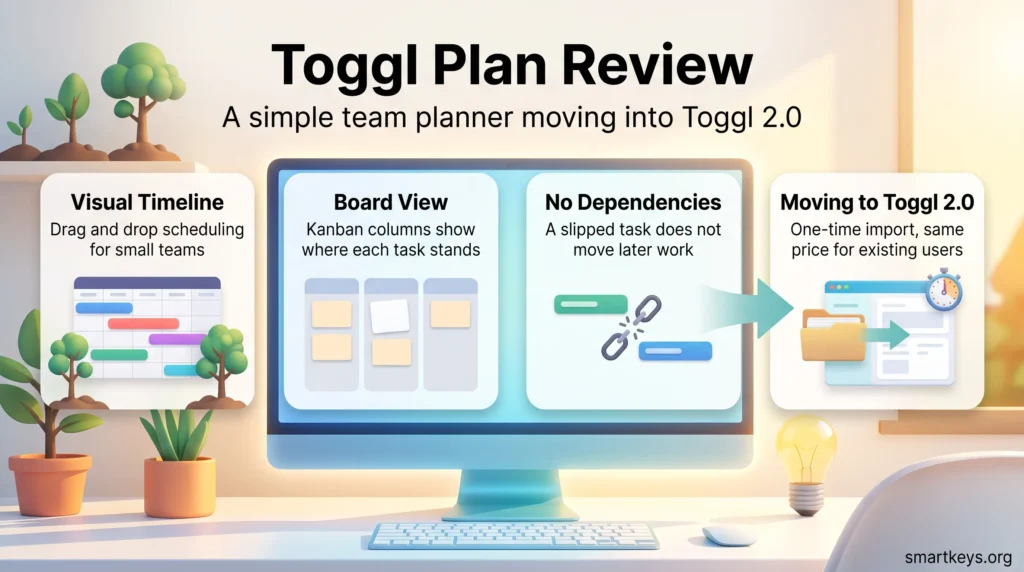 Toggl Plan review infographic: visual timeline, kanban board view, no task dependencies, and the one-time import into Toggl 2.0.