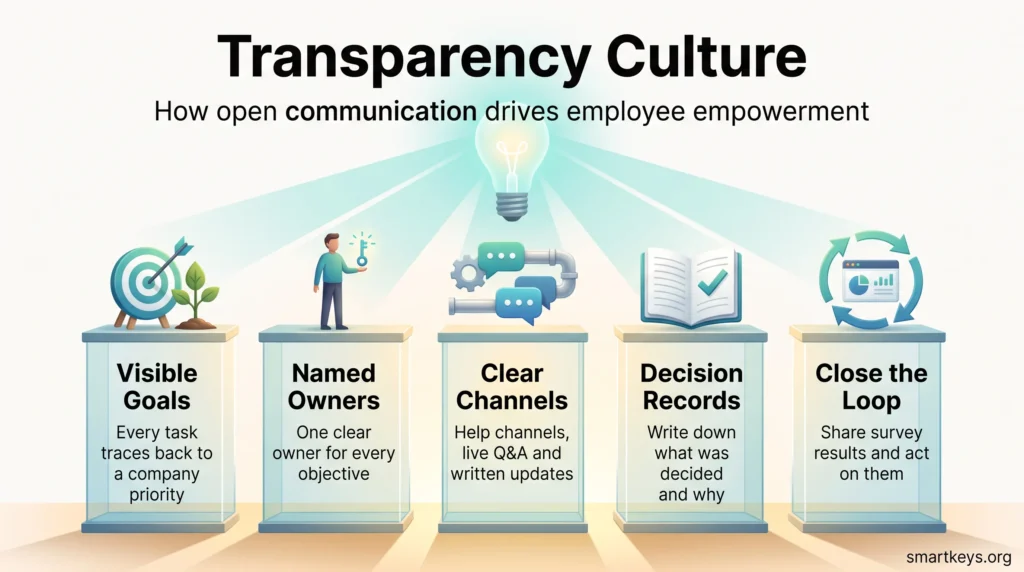 Transparency culture infographic showing five pillars: visible goals, named owners, clear channels, decision records and closing the feedback loop.