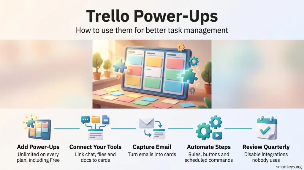 Trello Power-Ups infographic: a task board with puzzle pieces plugging in, above five steps to add Power-Ups, connect tools, capture email, automate and review quarterly.