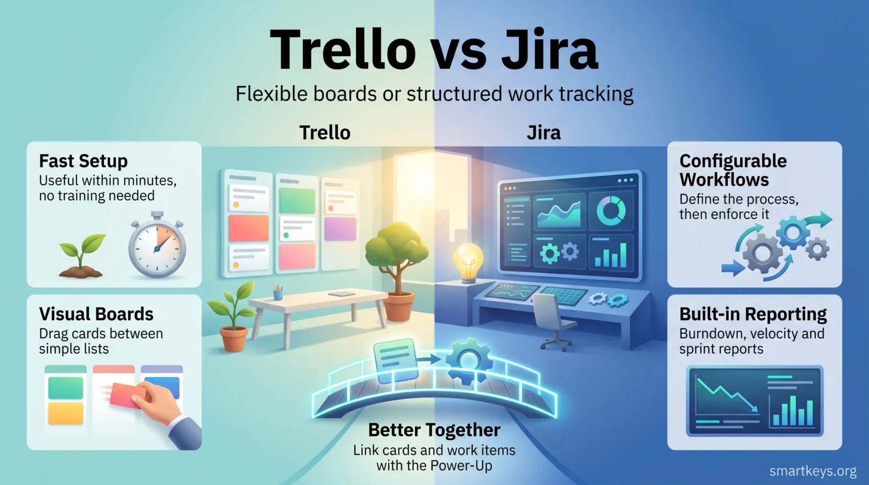 Trello vs Jira infographic comparing Trello's fast setup and visual boards with Jira's configurable workflows and built-in reporting, linked by the Power-Up.