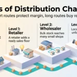 Infographic on types of distribution channels, showing channel levels 0 to 3 as rising steps from direct selling to retailer, wholesaler and agent.