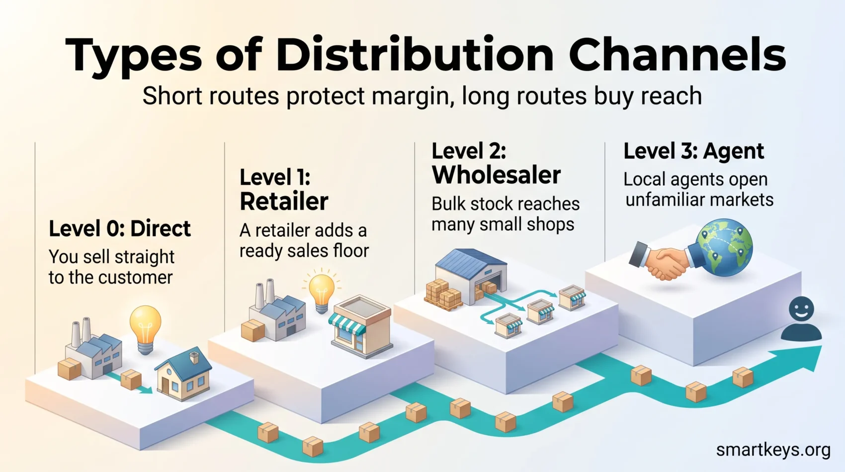 Infographic on types of distribution channels, showing channel levels 0 to 3 as rising steps from direct selling to retailer, wholesaler and agent.