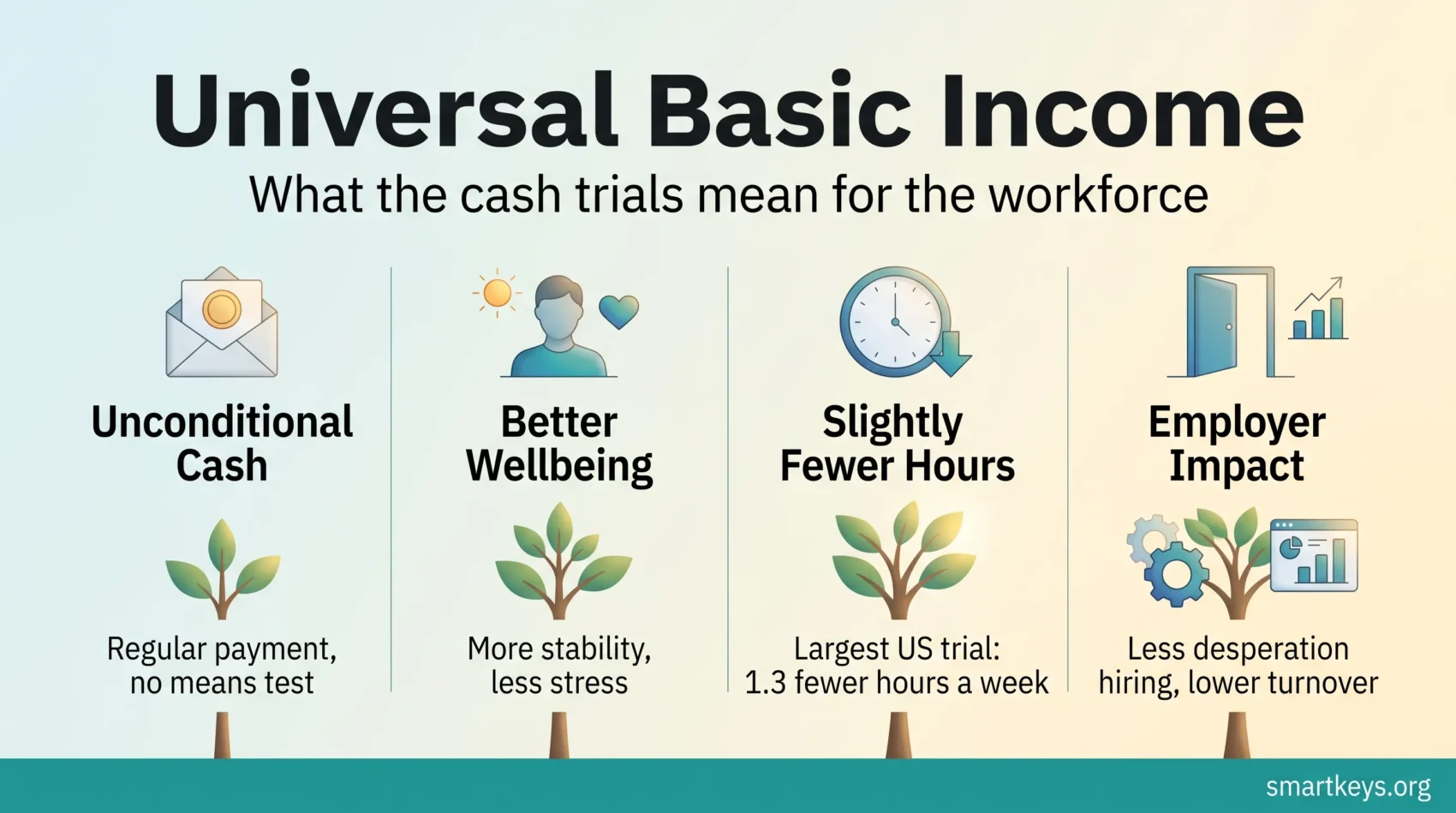 Universal basic income infographic: unconditional cash, better wellbeing, slightly fewer hours in the largest US trial and lower employer turnover.