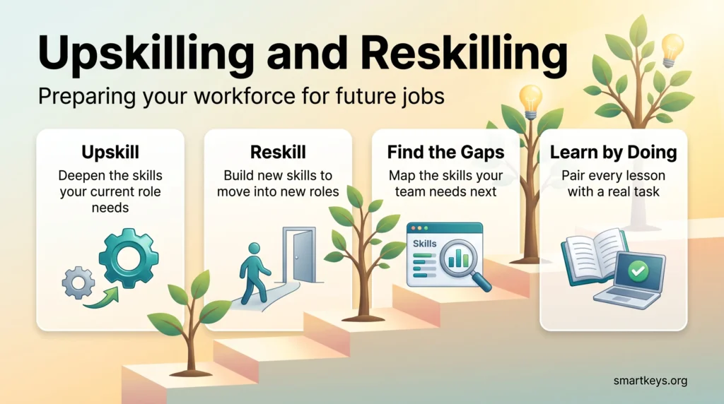 Upskilling and reskilling infographic showing four steps on a growing staircase: upskill, reskill, find the skill gaps and learn by doing on real tasks.