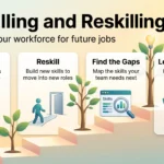 Upskilling and Reskilling: Preparing Your Workforce for Future Jobs Upskilling and reskilling infographic showing four steps on a growing staircase: upskill, reskill, find the skill gaps and learn by doing on real tasks.