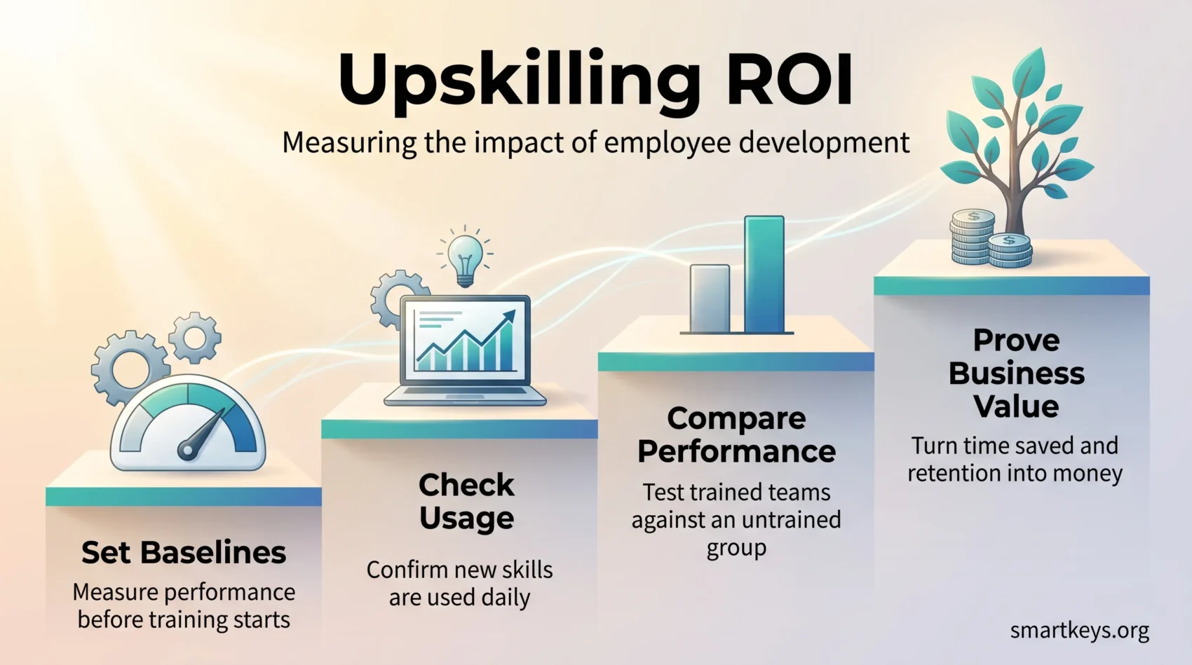 Upskilling ROI infographic showing four steps: set baselines, check usage, compare performance against an untrained group and prove business value.