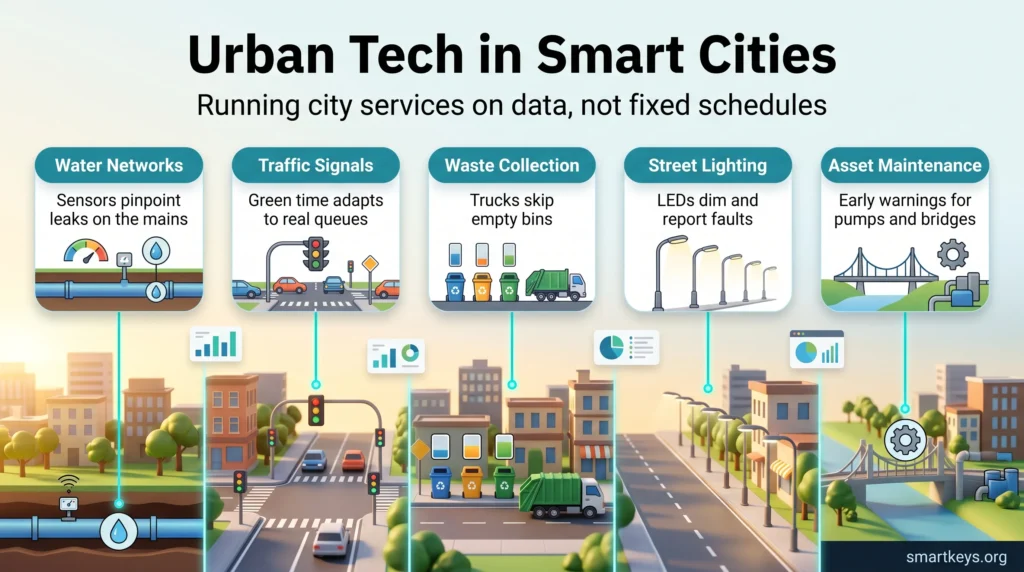 Urban tech in smart cities infographic showing five data-driven services: water leak sensors, adaptive traffic signals, smart waste collection, LED street lighting and asset maintenance.