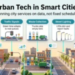 Urban tech in smart cities infographic showing five data-driven services: water leak sensors, adaptive traffic signals, smart waste collection, LED street lighting and asset maintenance.