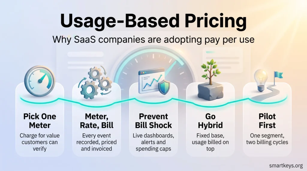 Usage-based pricing infographic showing five steps for SaaS: pick one meter, meter, rate and bill, prevent bill shock, go hybrid and pilot first.