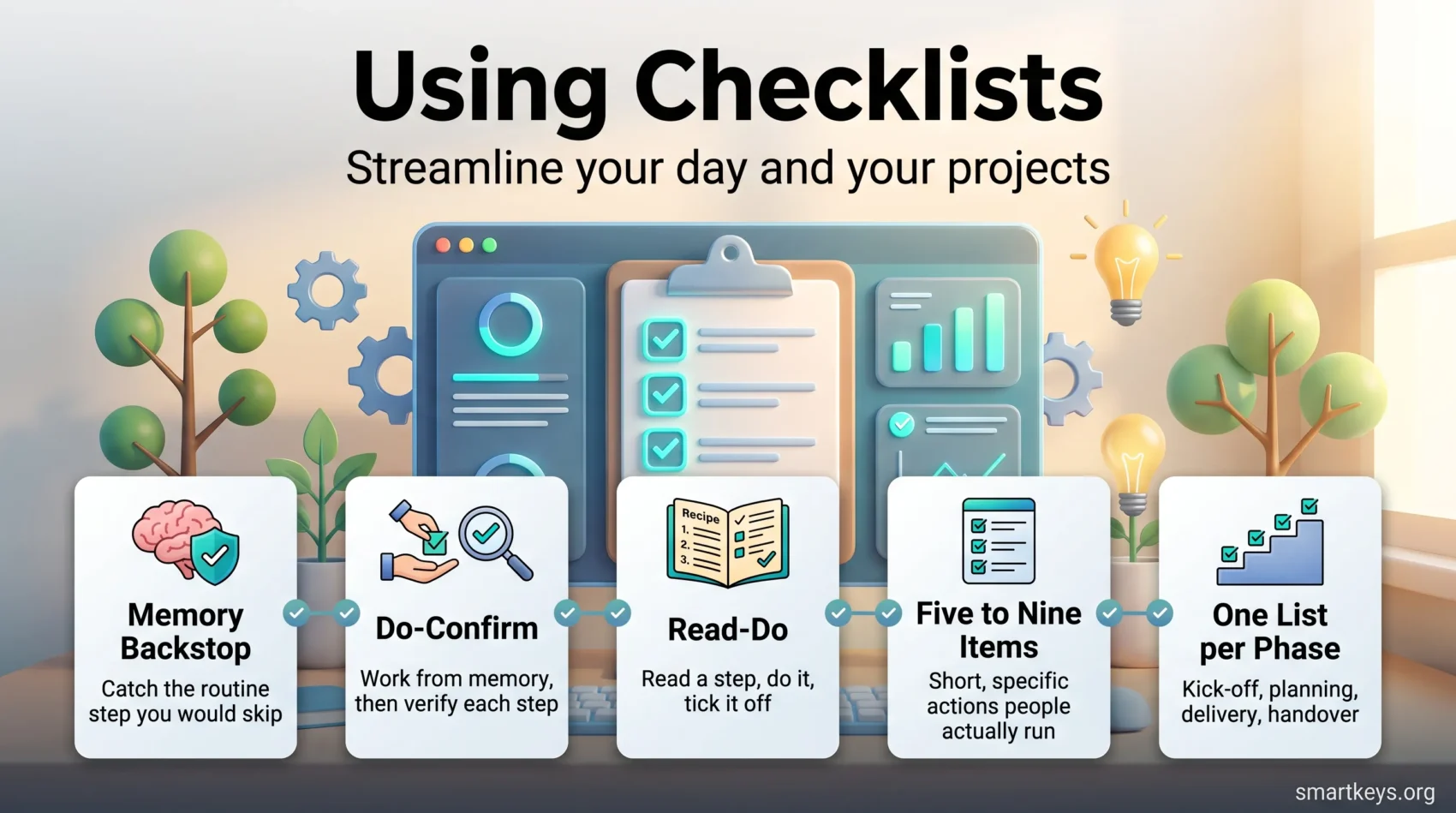 Infographic on using checklists: a memory backstop, Do-Confirm and Read-Do types, five to nine items, and one list per project phase.