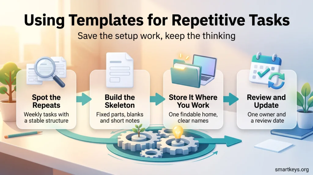 Infographic on using templates for repetitive tasks: spot the repeats, build the skeleton, store it where you work, then review and update.