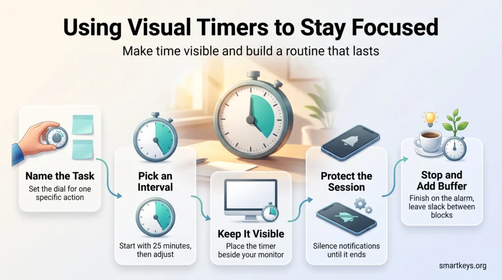 Infographic on using visual timers to stay focused: five steps from naming the task and picking an interval to silencing notifications and adding buffer.