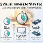 Using Visual Timers to Stay Focused and On Track Infographic on using visual timers to stay focused: five steps from naming the task and picking an interval to silencing notifications and adding buffer.