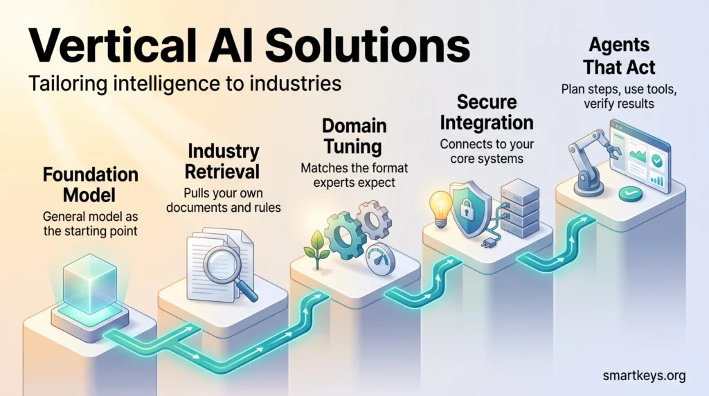 Infographic on vertical AI solutions: five rising stages from foundation model through industry retrieval, domain tuning and secure integration to agents that act.