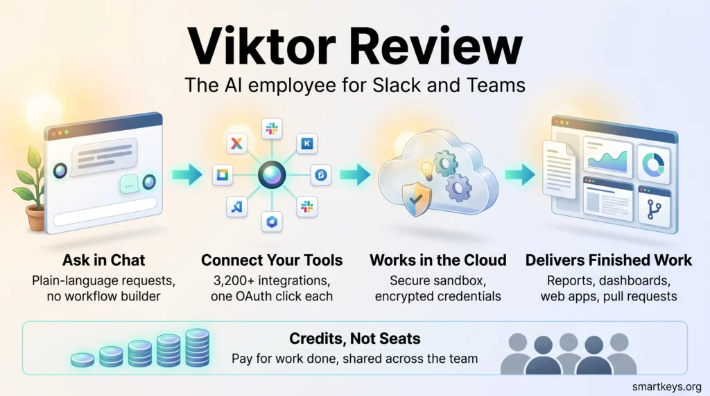 Viktor review infographic showing how the AI employee takes chat requests, connects business tools, works in the cloud and delivers finished work.