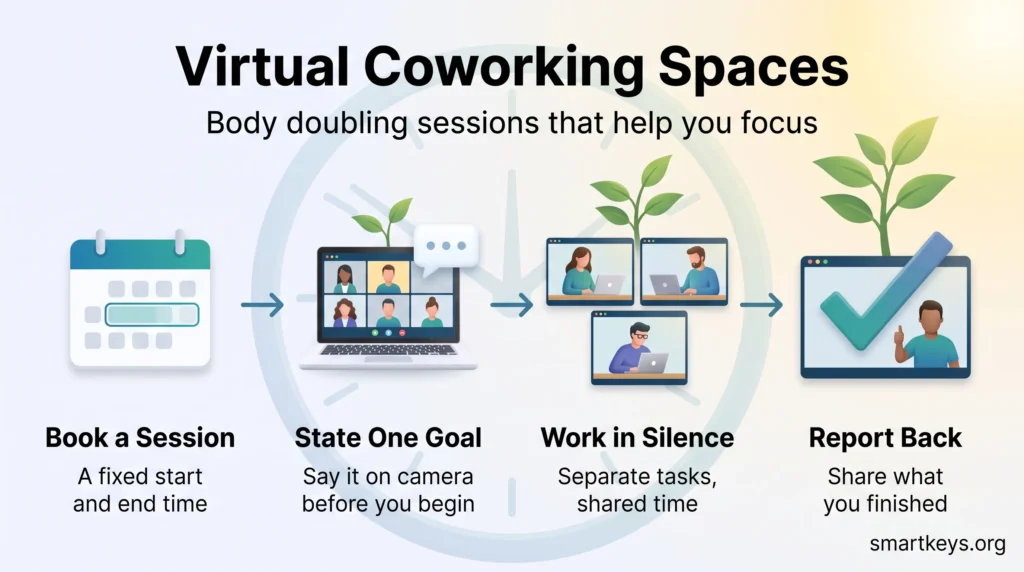 Infographic on virtual coworking spaces showing a body doubling session in four steps: book a session, state one goal, work in silence, report back.