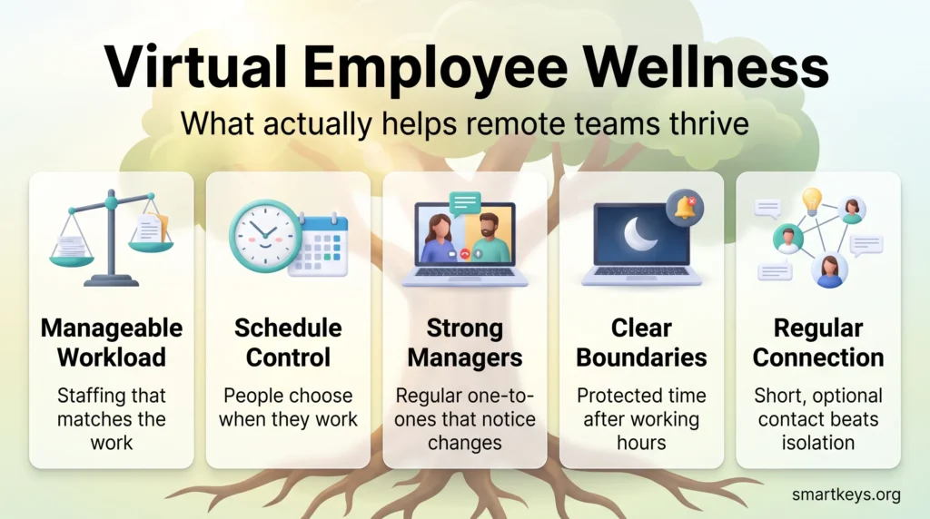 Infographic on virtual employee wellness showing five pillars for remote teams: manageable workload, schedule control, strong managers, clear boundaries and regular connection.