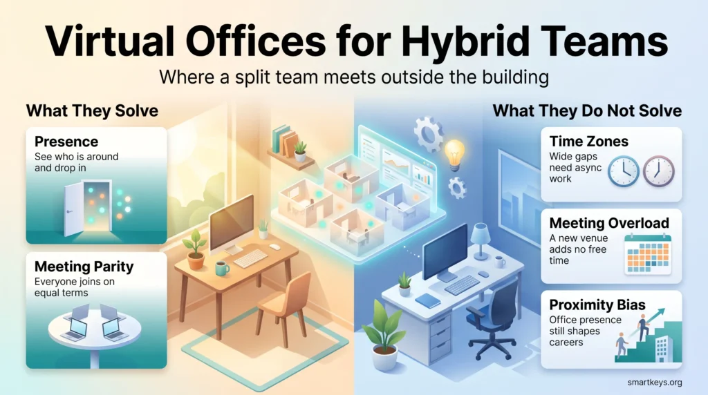Infographic on virtual offices for hybrid teams: they solve presence and meeting parity, but not time zones, meeting overload or proximity bias.