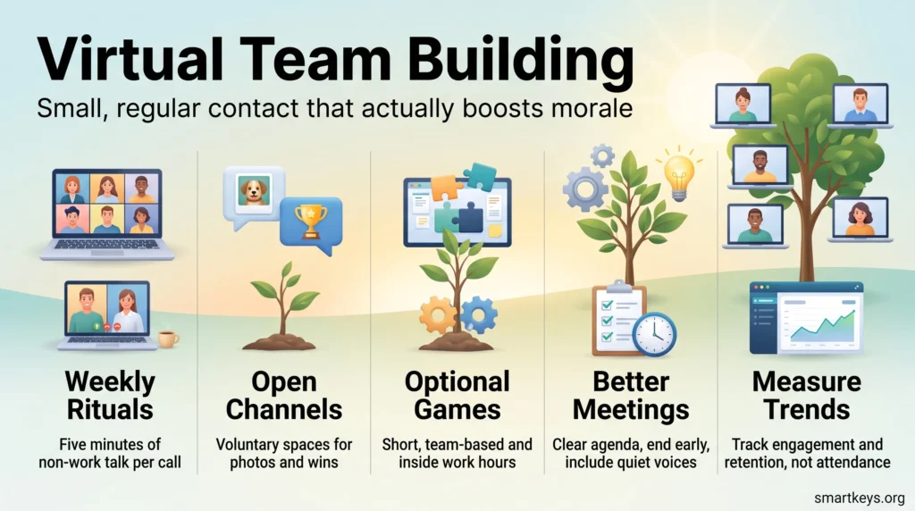 Virtual team building infographic: weekly rituals, open channels, optional games, better meetings and tracking engagement trends to boost remote team morale.